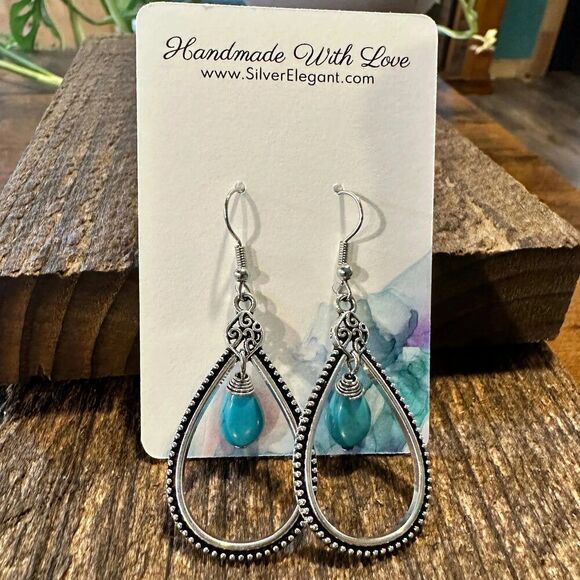 Boho Handcrafted Cowgirl Chic Turquoise Silver Wire Drop Earring, Gift Box - Picture 1 of 3